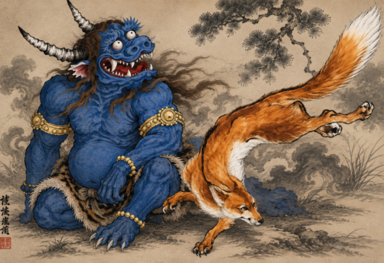 Oni (blue) and Kitsune (right)